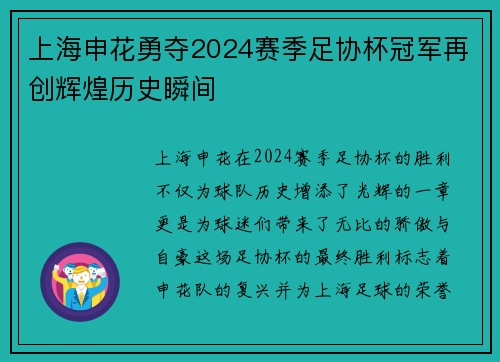 上海申花勇夺2024赛季足协杯冠军再创辉煌历史瞬间