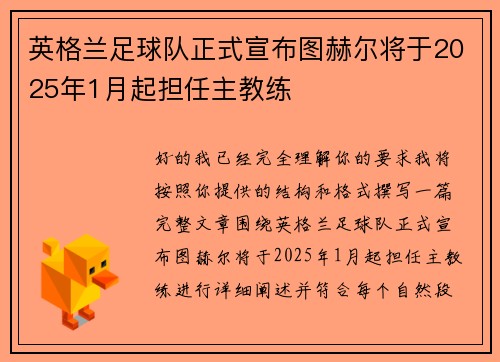 英格兰足球队正式宣布图赫尔将于2025年1月起担任主教练 英格兰足球队正式宣布图赫尔将于2025年1月起担任主教练