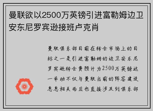 曼联欲以2500万英镑引进富勒姆边卫安东尼罗宾逊接班卢克肖